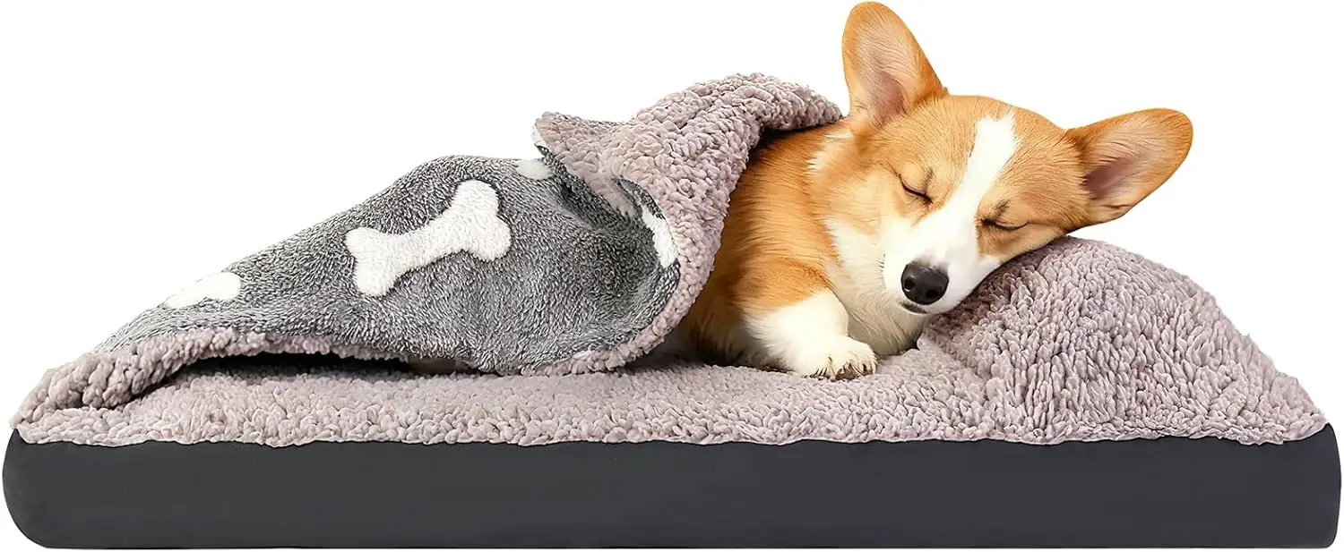 

Dog Bed with Pillow and Blanket Attached, 30''X20'' Rectangle Cozy Dog Bed with Cover Cave & Removable Washable Cover for