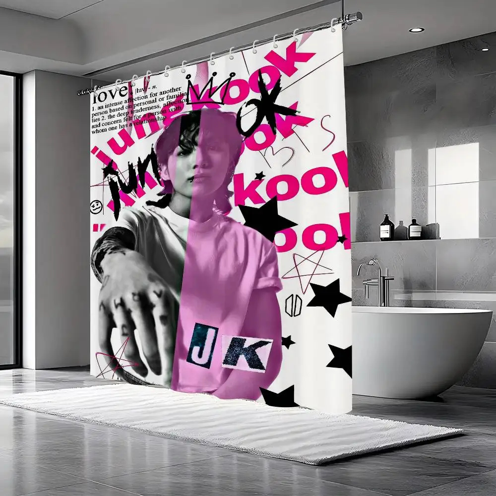 KPOP J-Jung K-Kook ستارة الحمام الكلاسيكية أنيمي النسيج دش الستار مع 12 السنانير ديكور الحمام مقاوم للماء