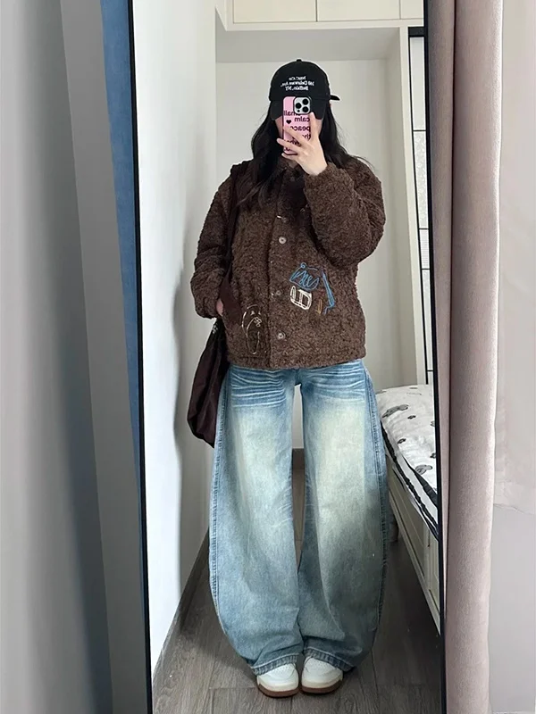 

American Retro Wide Leg Loose Fit Low Waist Denim Jeans Women's Autumn Winter New Sle Knife Pants Casual Wear