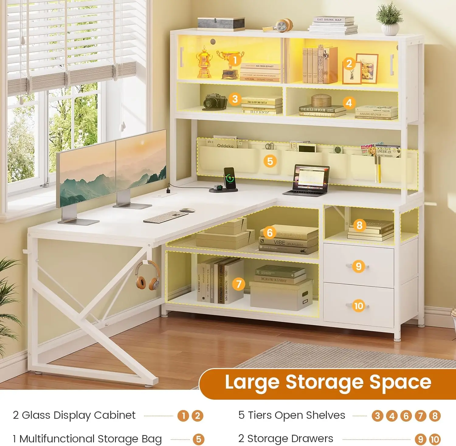 L Shaped Gaming Desk, Home Office Computer Desk with 2 Drawer and Bookshelf, L Shaped Gaming Corner Desk with LED Light image 5