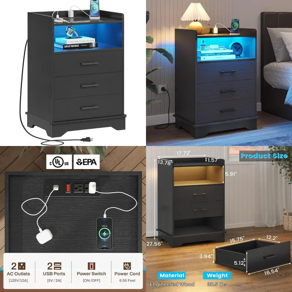 

Современная тумбочка с 3 ящиками, зарядной док-станцией и светодиодной подсветкой