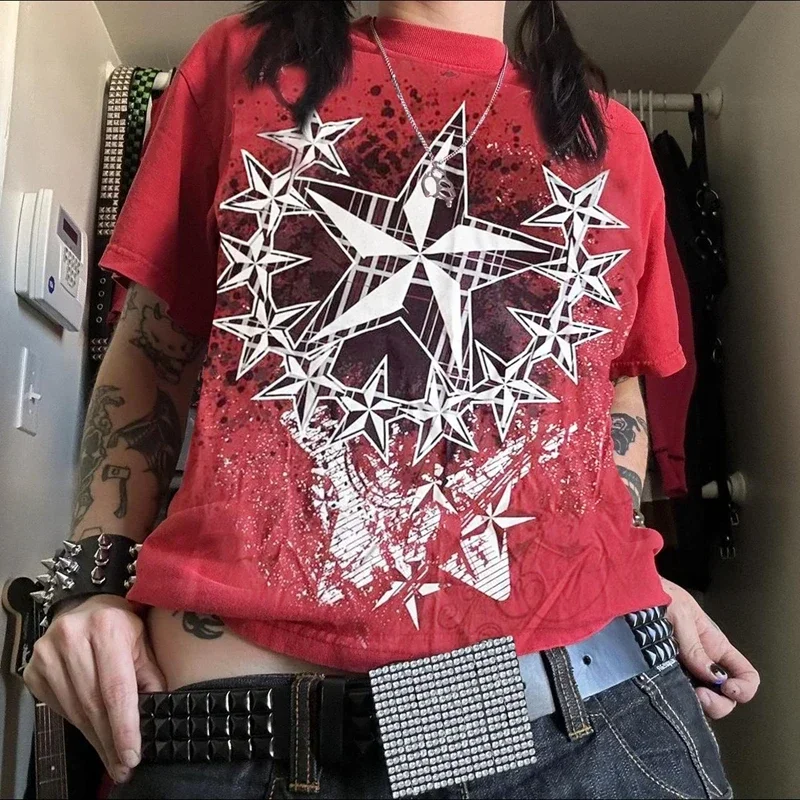 Retro Cyber Grunge Y2K Red Top Star Print Graphic T-Shirt Women's Men's Short Sleeve Loose T-Shirt E-girl Clothes