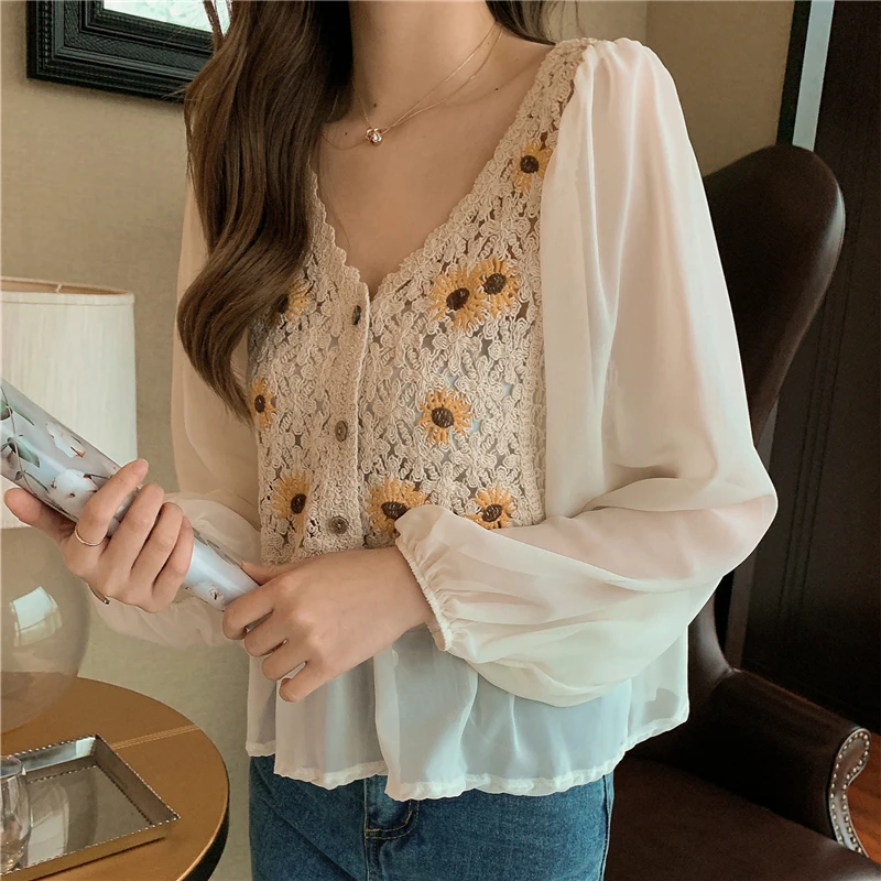 Crochet Top Chiffon Flower Embroidery Daisy Long Sleeve Button Front Fake Two-Piece Blouse Spring Summer Fairycore Cottagecore