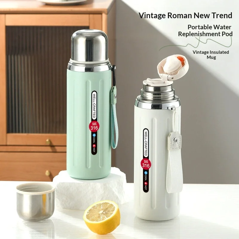 316 Stainless Steel Insulated Cup Retro Roman Column Water Cup Large-capacity Outdoor Water Bottle with Tea and Water Separation