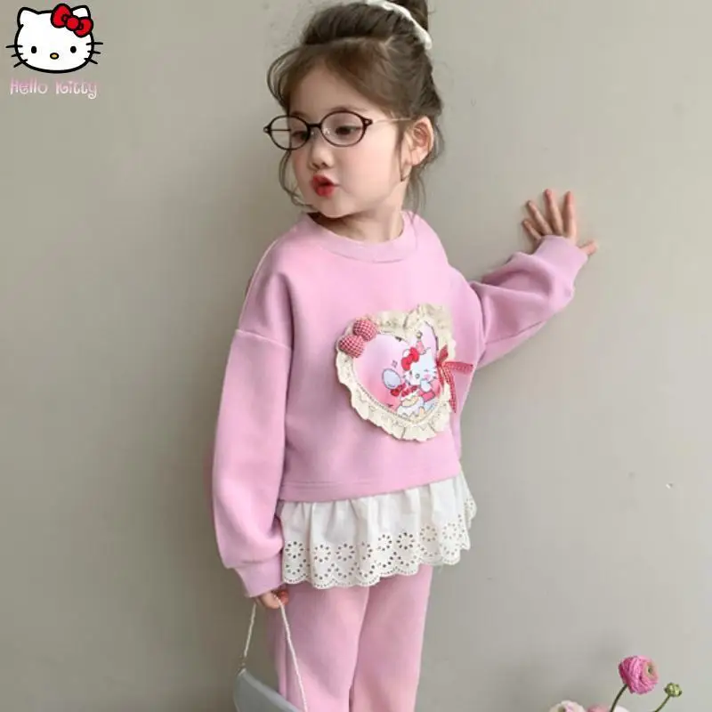 

Cartoon Girl Hello Kitty Lace Sweatshirt Flat Pants Set Anime Autumn New Kawaii Girl Sanrio Clothing Halloween Long Sleeve Pants