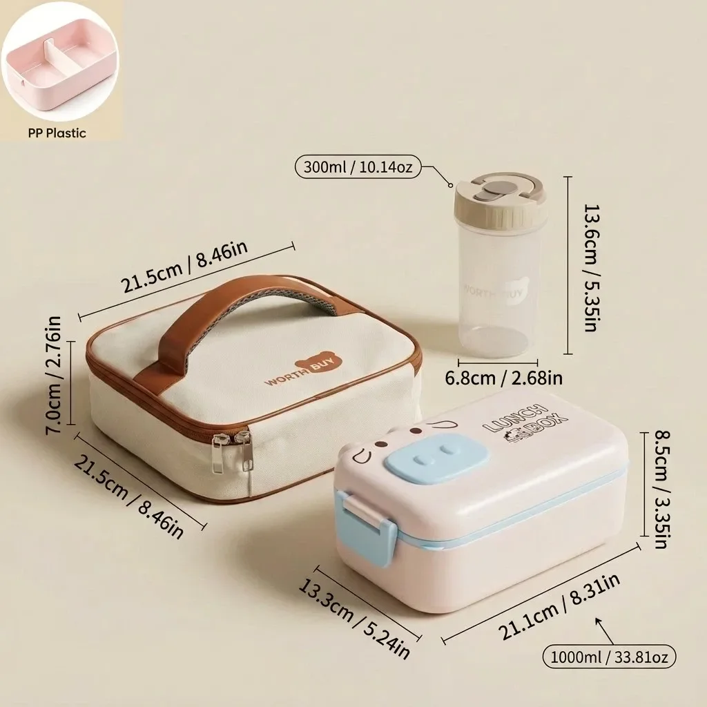 304 roestvrijstalen bentobox, schattige lunchbox voor kinderen, geschikt voor gebruik in de magnetron, met vakken, luchtdichte bewaardozen voor voedsel en bestek, ideaal voor school.