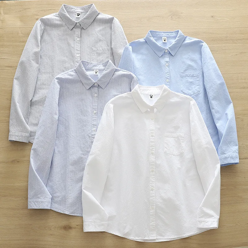 

[Ready Stock] High Quality Women 100% Cotton Blouse Shirt Striped Pointed Neck Women's Cardigan Shirt Autumn and Winter Bottom