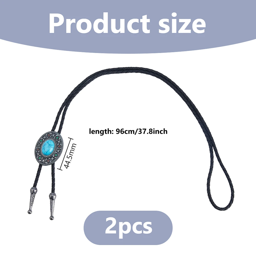 2Pcs Western Cowboy Bolo Tie Pave Turquoise Bolo Cowboy Necklace 96cm Adjustable Leather Necktie Silver