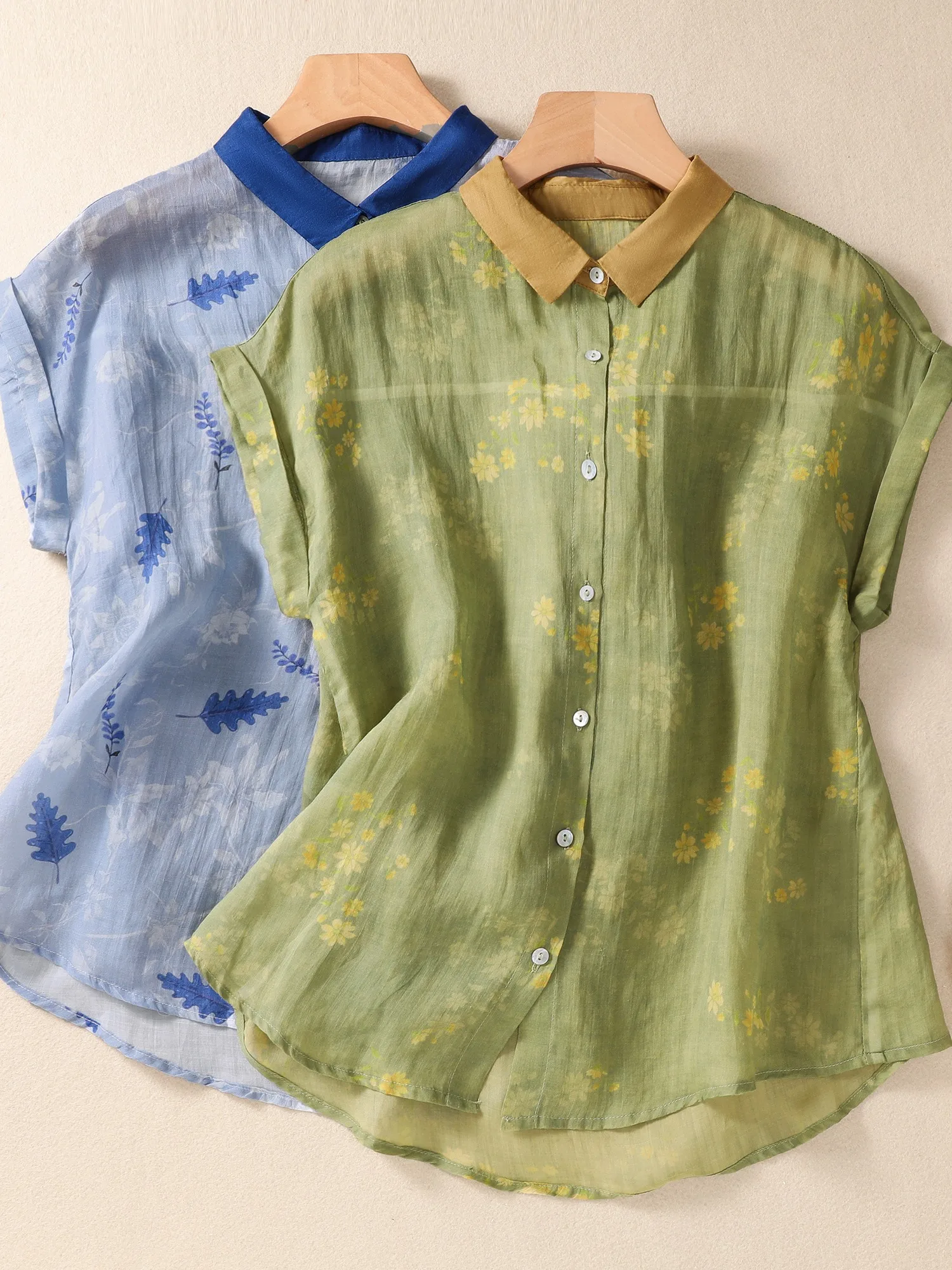 Retro Contrast Color Collar Printed Cotton Linen Women's Summer Thin Casual irt Meat Covering Top Versatile Loose Fit