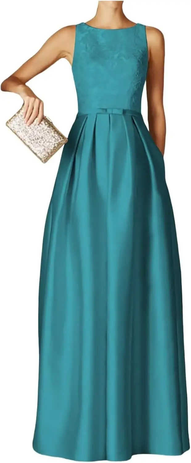 

Satin Lace Women's Evening Gown Round Neck Long with Pocket Ball Gown Elegant Temperament Guest Gown Women's Formal Evening Gown