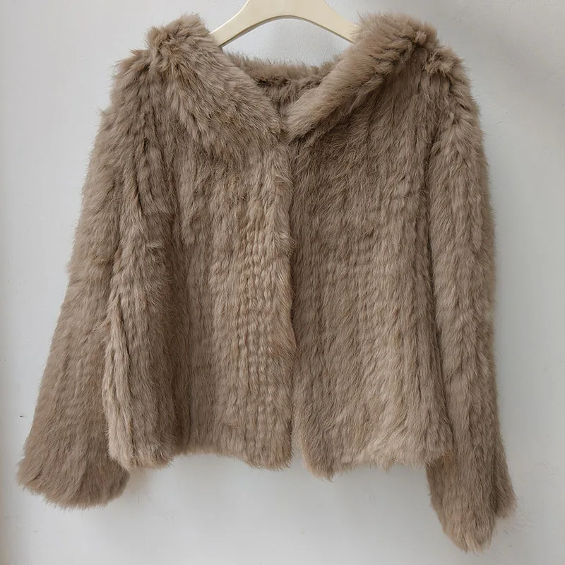 女性のためのウサギの毛皮のフード付きコート,長袖,カジュアル,ルーズフィット,フード付き,自然な毛皮の裏地,アウトドアウェア