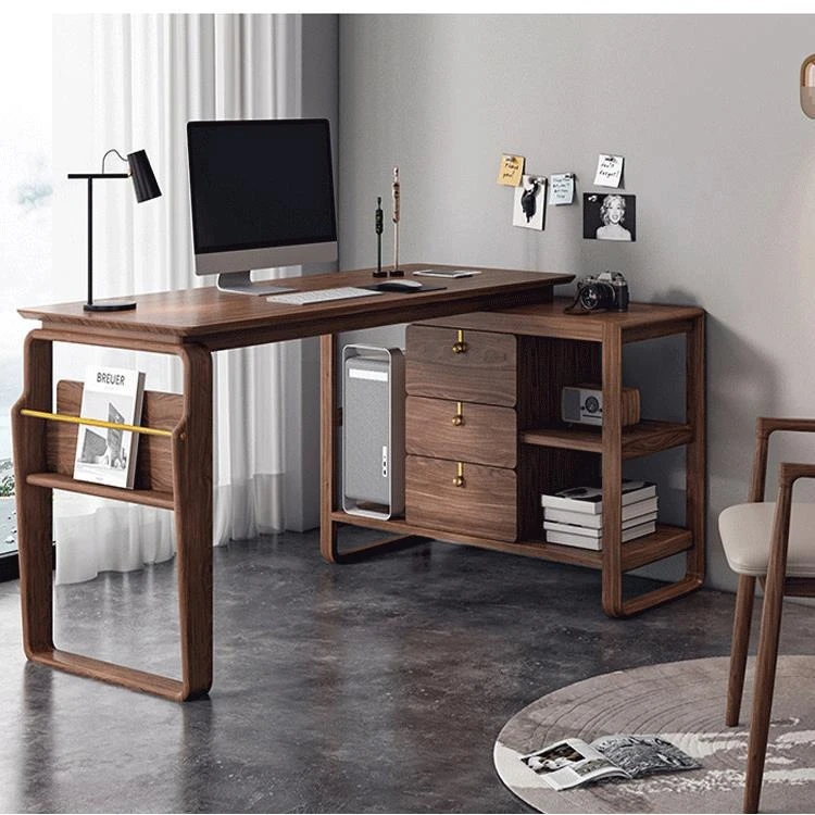 

North American Black Walnut Corner Desk Household Solid Wood Desk with Bookshelf