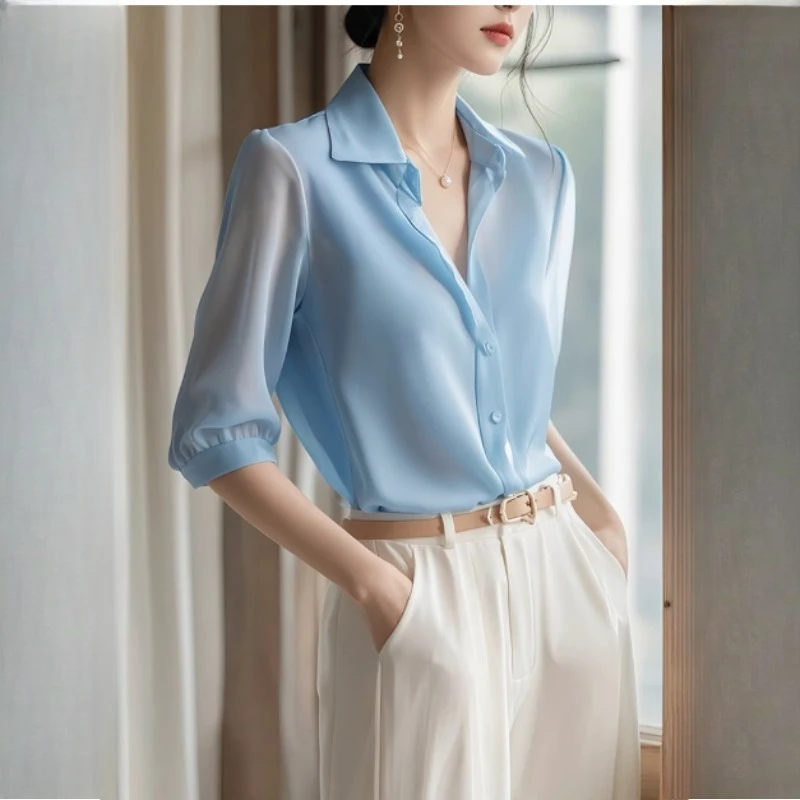 

Chiffon Women's Clothing Korean Version Shirts FASHION Loose Spring/Summer Office Lady Clothing Solid Short Sleeve Women Tops