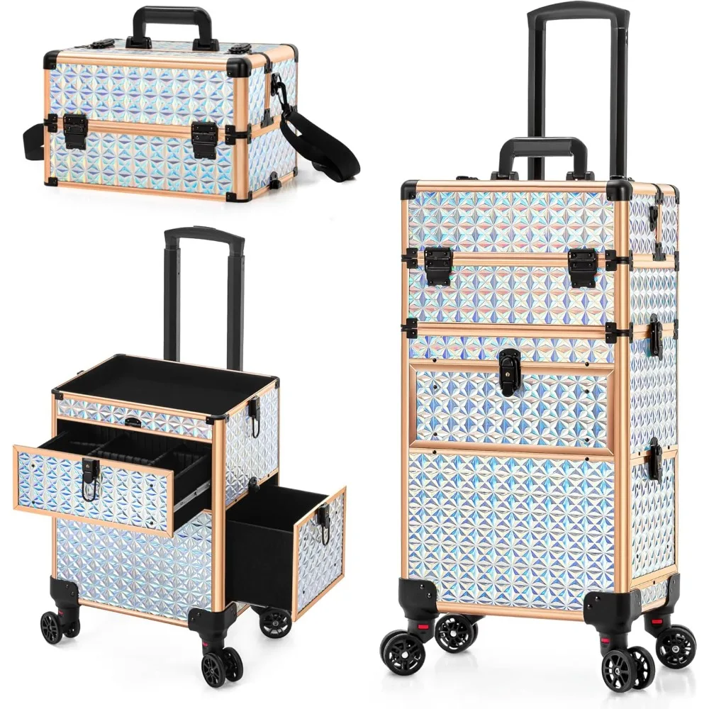 

Rolling Makeup Train Case with Large Drawer, Multi-functional Cosmetic Trolley