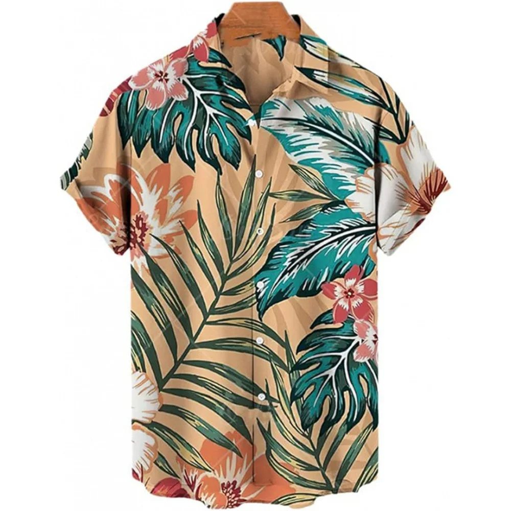 New fashion summer men's short-sleeved shirt top 3d printed plant digital print casual outdoor sports lapel