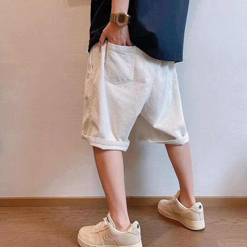 

Plus Size Men's Summer Loose Retro White Distressed Washed Corduroy Mid-Length Shorts for Casual Comfortable Outdoor Activities