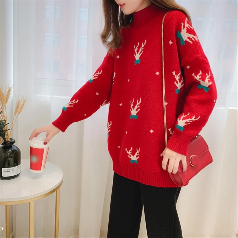 

Women Sweaters Pullover Round Neck Loose Elk for Head Pattern Retro All-match Leisure Christmas Loose Couples Sweat P8DB