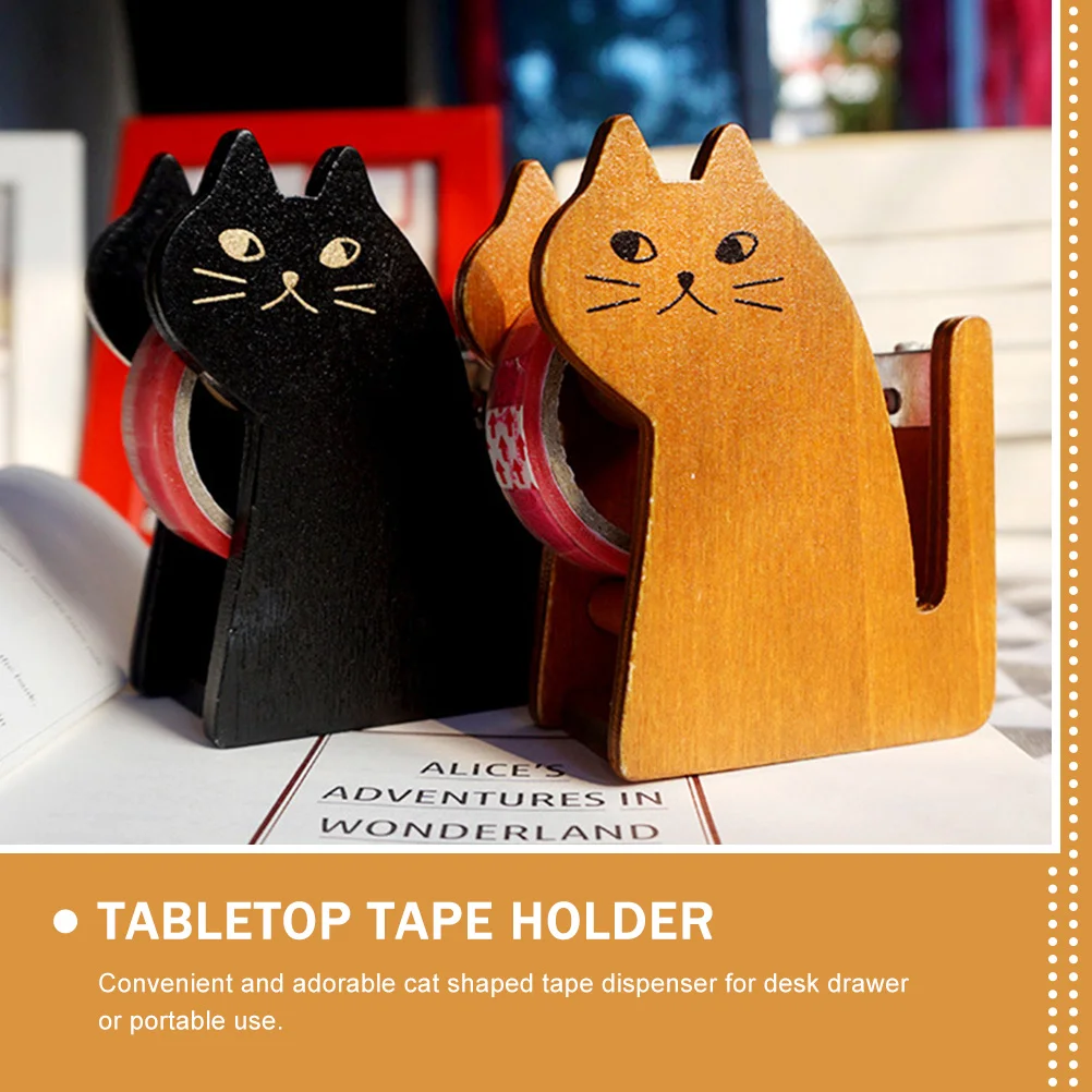 Cat Tape Holder Desktop Decor Portable Lovely Adorable Wood Wooden Stand for Office Child