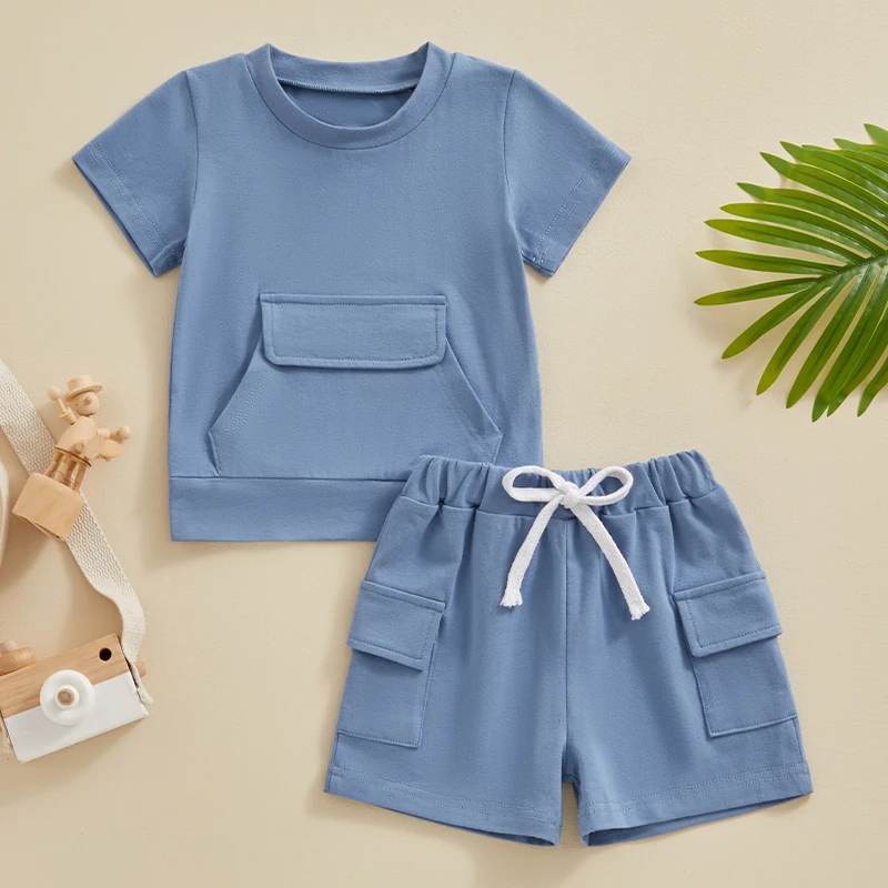 VISgogo-Conjunto de 2 piezas de verano para bebé, Tops de manga corta con bolsillo frontal y pantalones cortos Cargo de cintura elástica, Color liso