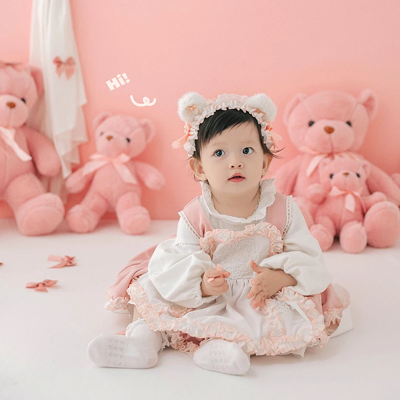 Cute Baby Girl Lolita Dress 1 Year Old Baby Shoot Clothing Pink Bear Doll Children Photo Props Bear Ear Headwear Dress Socks Set