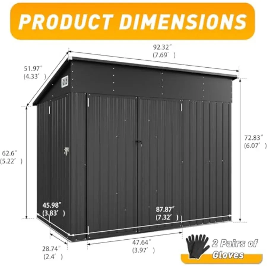 Outdoor storage shed for mower, bike, generator, garden tools: 8'x4' triple-door lean-to, weatherproof galvanized steel, black,