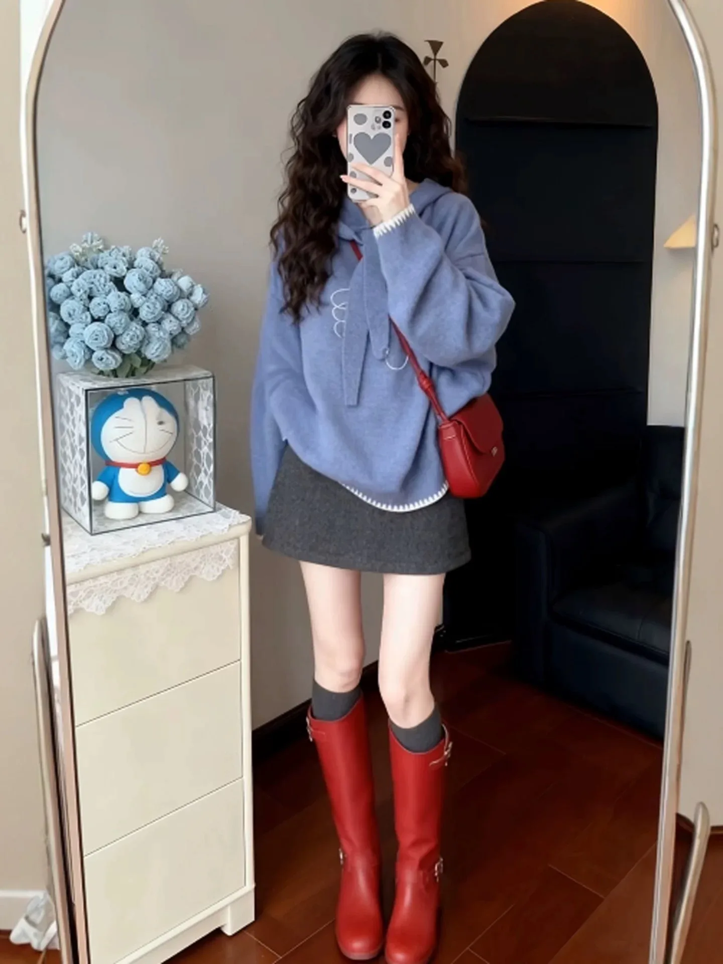 블루 후드 루즈 니트 스웨터 여성용 가을 겨울 패션 레이지 스타일 고급스러운 느낌 독특한 탑 카피품 아님