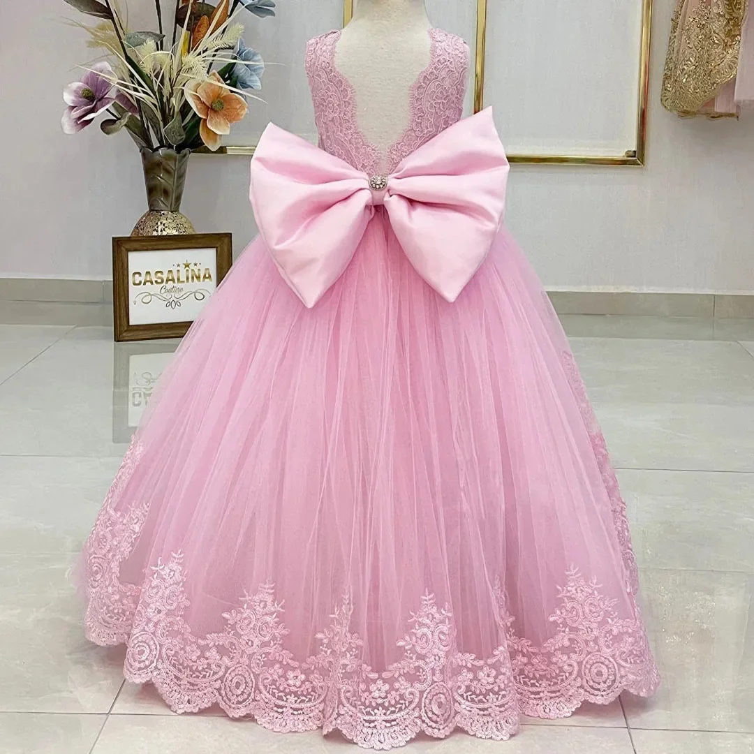 Princess Customized Flower Girl Dress for Wedding Sleeveless Lace Applique with Bow Kids Birthday First Communion Ball Gown
