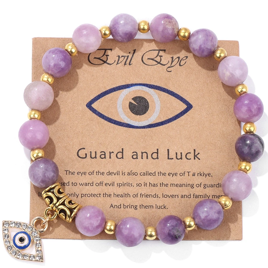 Purple Lilac Jaspers Stone Bracelet Turkish Blue Evil Eye Charm Bracelets For Women Men Natural Stone Beaded Bangles With Card