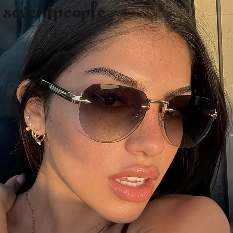 

Y2K Punk Oval Rimless Pilot Sunglasses Women 2026 Luxury Brand Fashion Metal Square Travelling Sun Glasses Lady Outdoor Shades