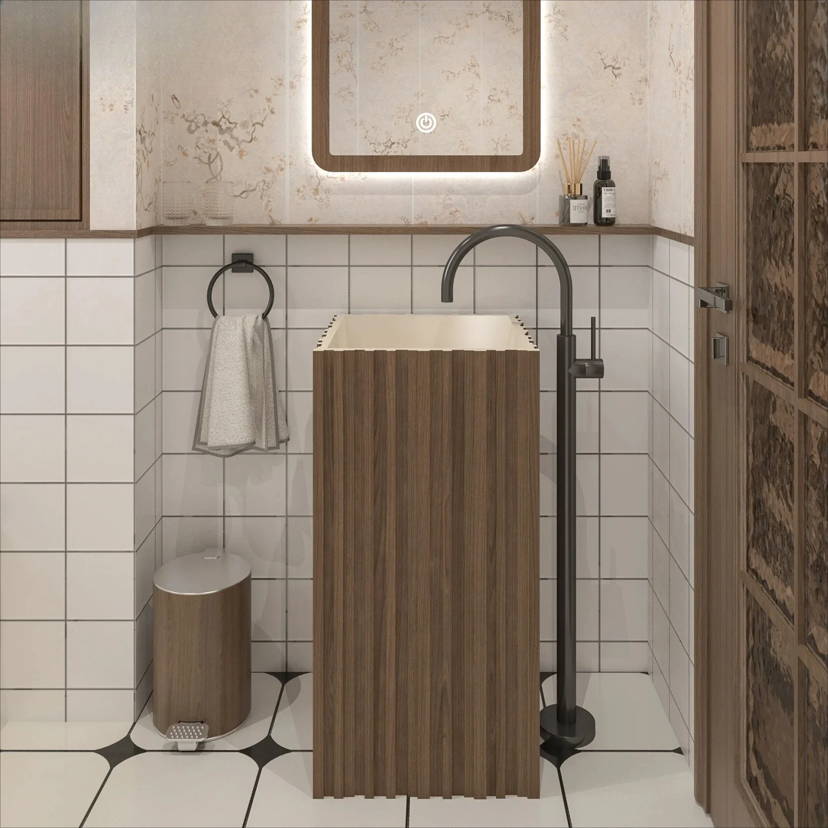 xx-New Chinese Retro Style Column Basin Designer Personality Art Creative Integrated Floor-standing Square Striped Wash Basin
