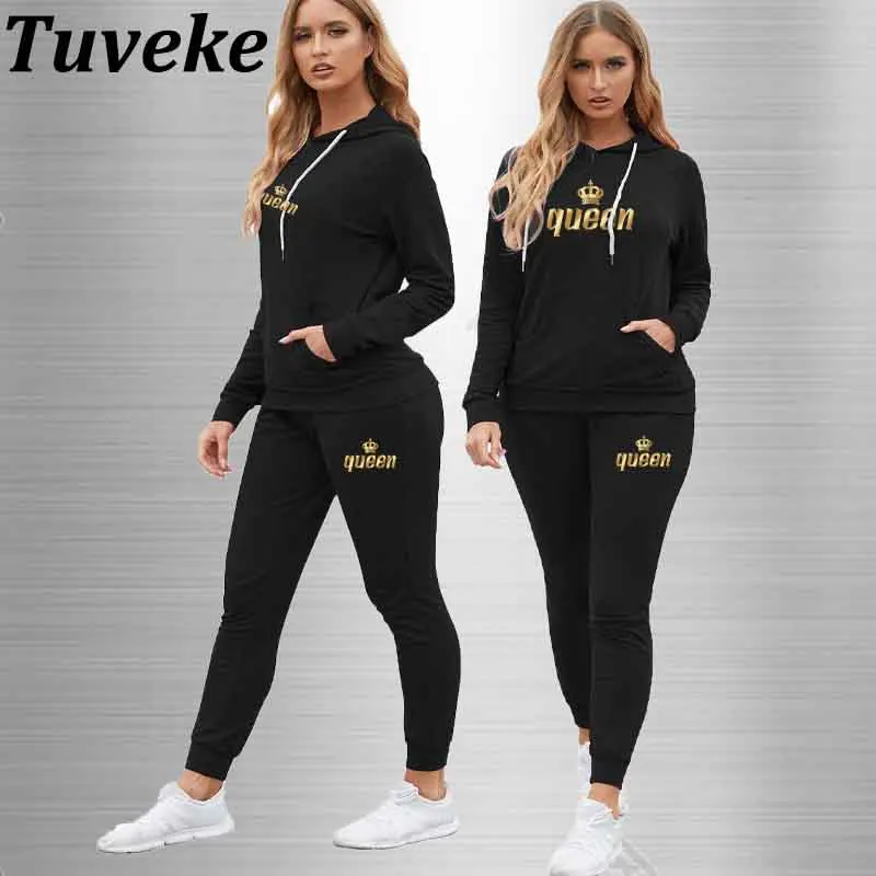 

Tuveke women's autumn and winter latest Queen logo print tracksuit tracksuit drawstring solid color commuter women's suit