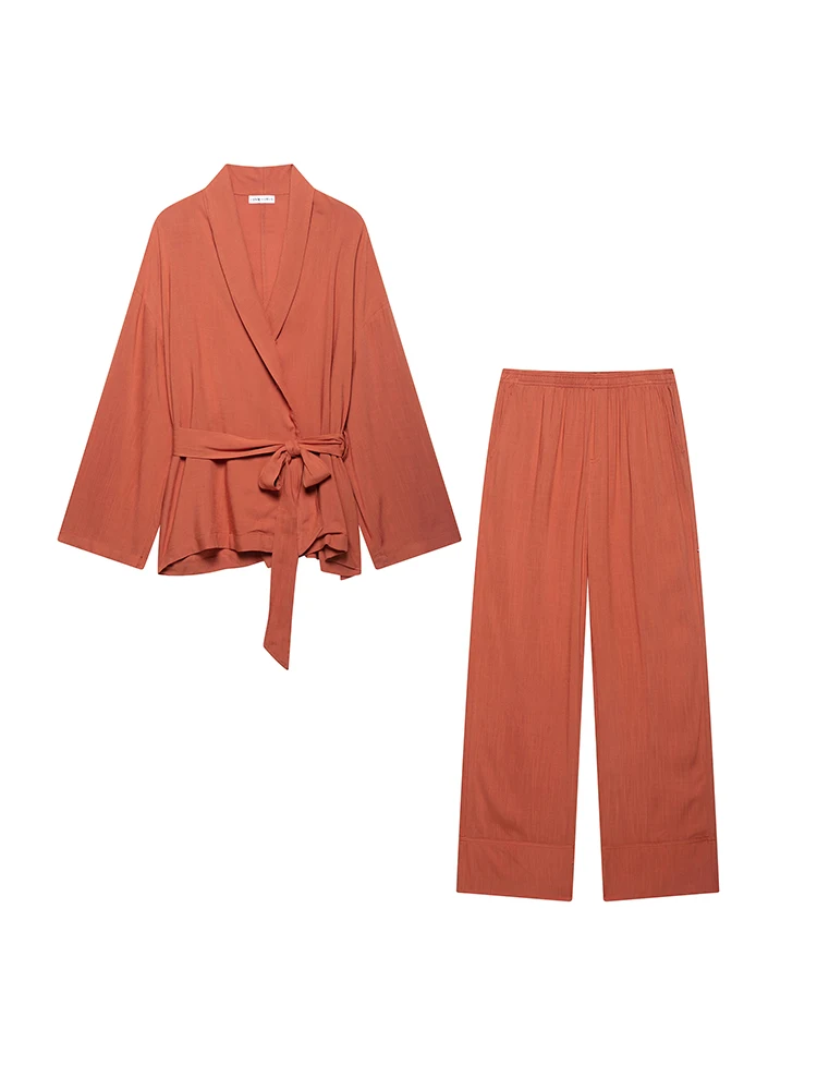 

KUCLUT Women Fashion 2 Piece Set Orange Lace Up Blouse Shirts & Vintage Elastic Waist Trousers Feamle Chic Lady Pants Sets
