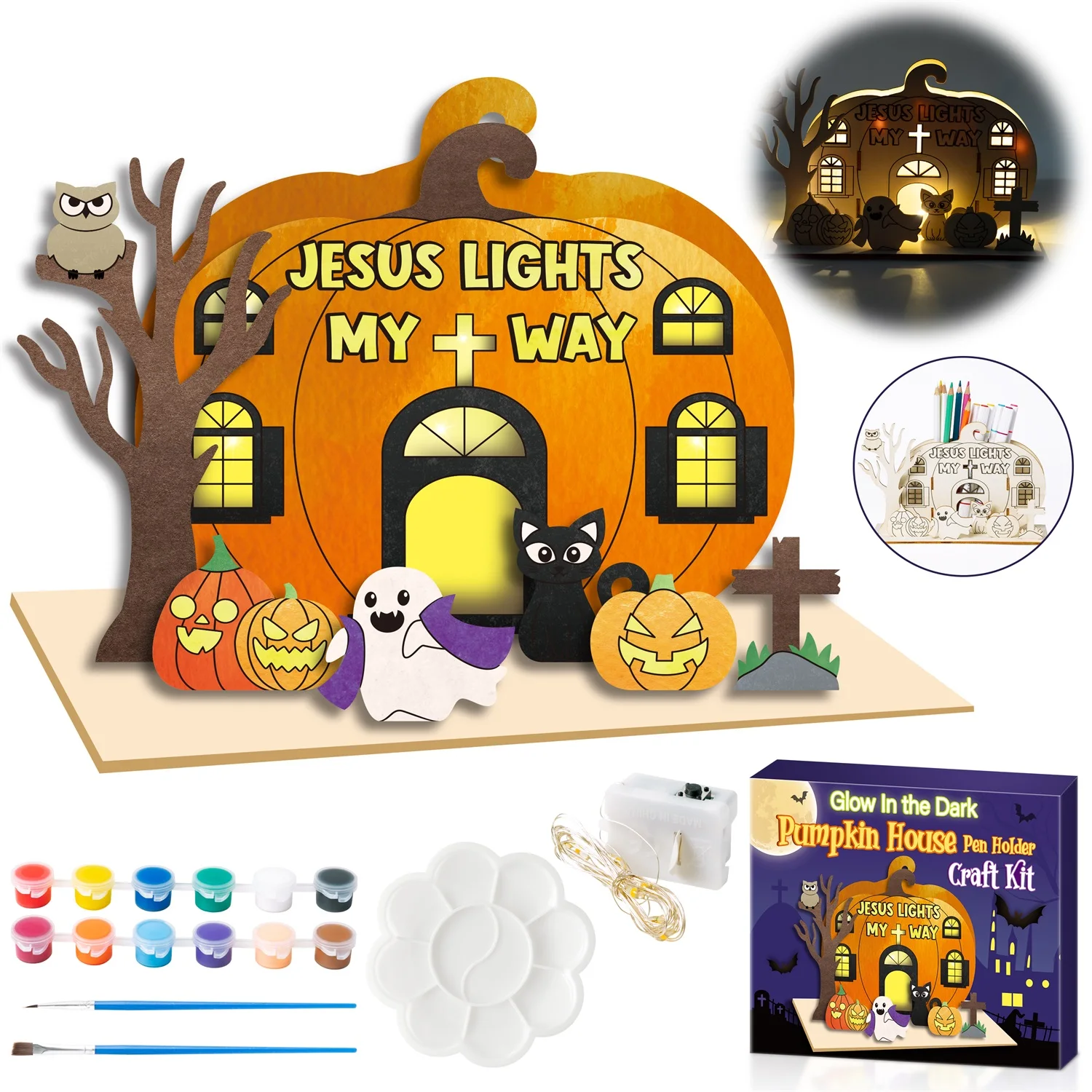 DIY Halloween Pencil Holder Coloring Your Own Wooden Pumpkin House Pen Holder Craft Gift Box for Halloween Party Desktop Decor