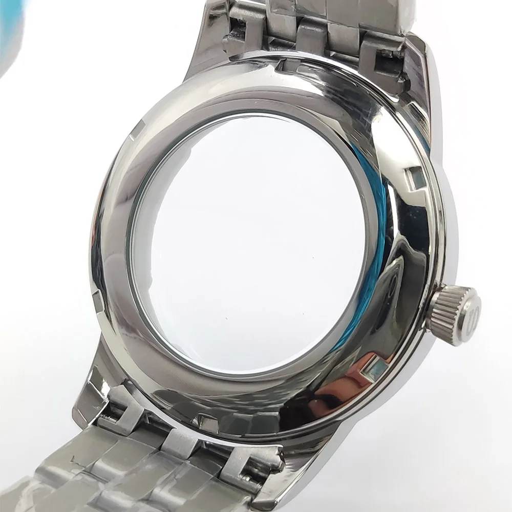 40 มม.ค็อกเทลเงินสแตนเลสสตีลนาฬิกากระจกโค้งพอดี NH35 NH36 การเคลื่อนไหวโปร่งใสฝาหลัง