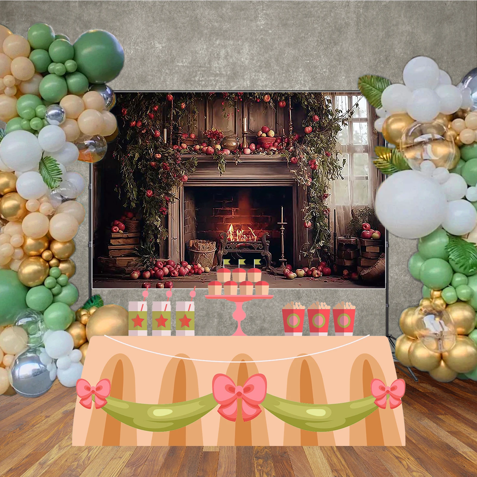 MOON.QG Latar Belakang Natal 2026 Perapian Antik Lilin Api Latar Belakang Fotografi Apple Alat Peraga Pemotretan Dekorasi Pesta Zona Foto