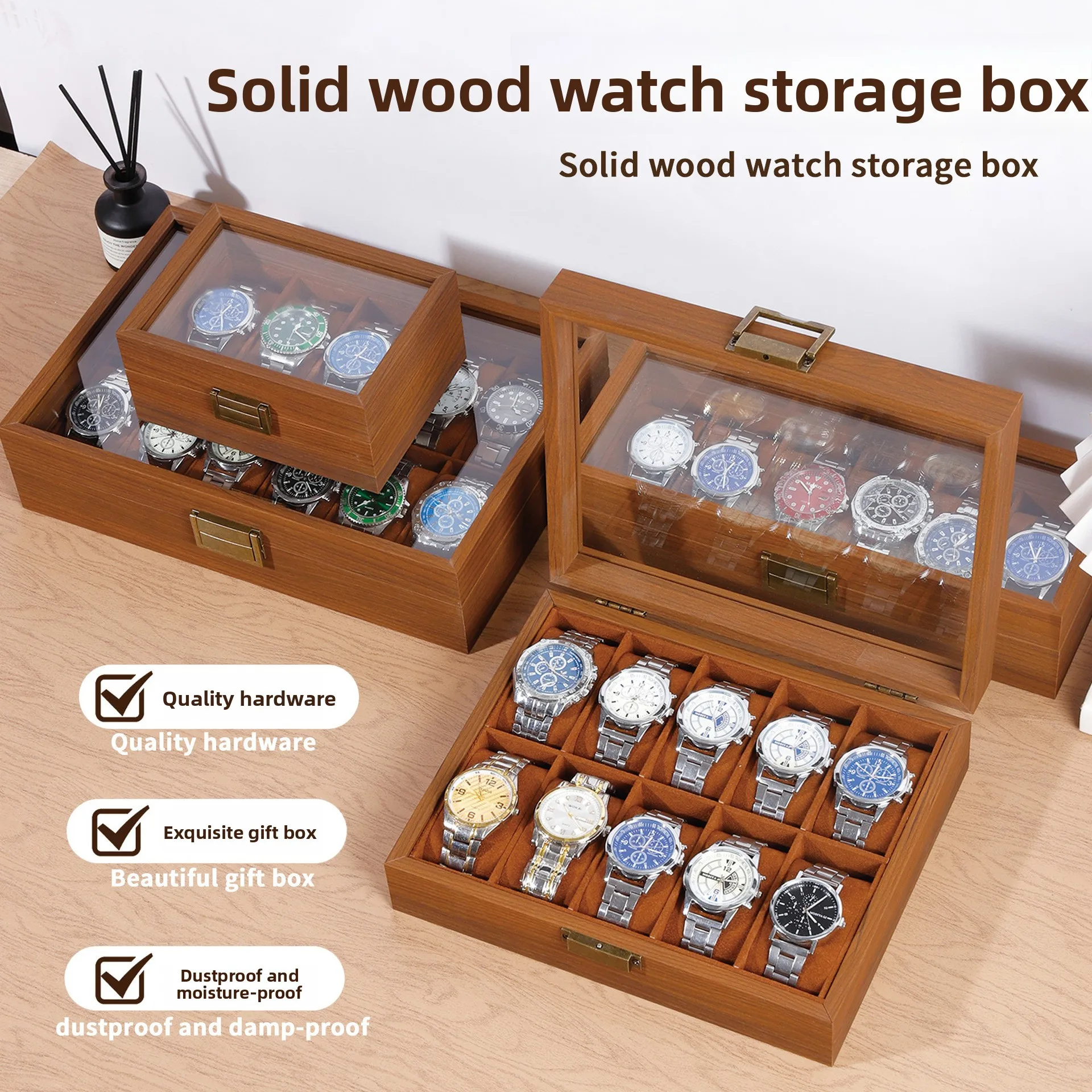 Watch Display Case Glass Top 12 Slots - Premium Bambus-Holz-Uhrenbox mit 3/6/10/12 Fächern, Hochwertiger