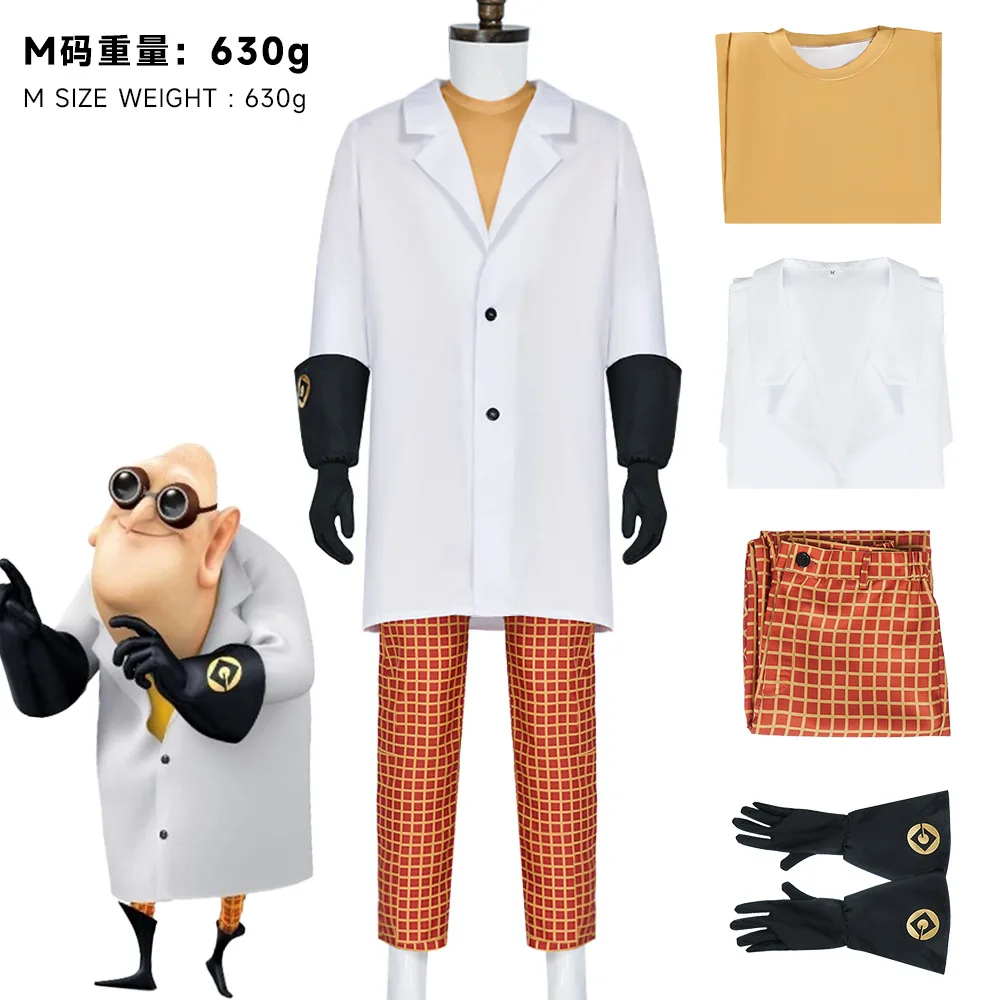 Anime Dr. Nefario Cosplay Kostuum Volwassen Witte Lange Jas Geruite Broek T-shirt en Handschoenen Set Halloween Kerst voor Man Kleding