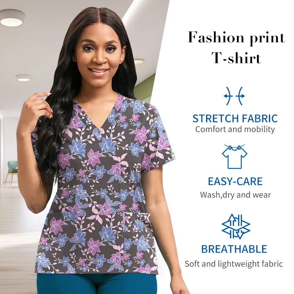 Hospital Nurse Uniforms Women Medical Uniform Print Scrub Top Cotton Dental Clinic Work Clothes Mens Scrubs Short Sleeved Jacket