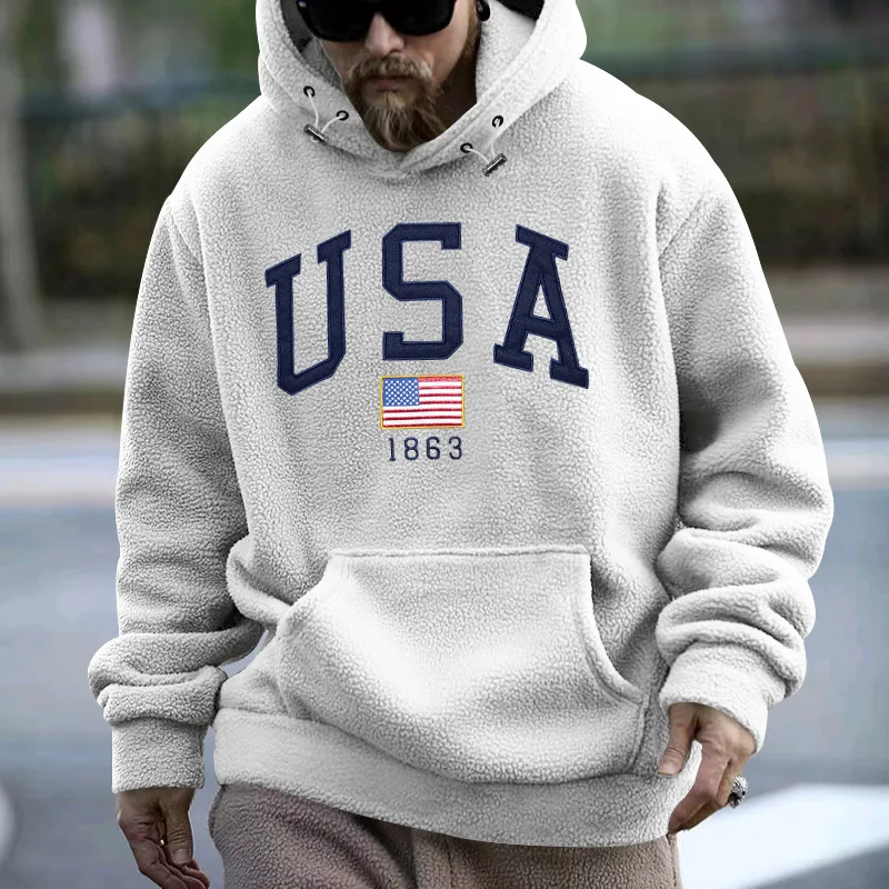 

Autumn Winter Warm Thick USA Embroidered Fleece Hooded Sweatshirt Men's Casual Sports Pullover Fashion streetwear