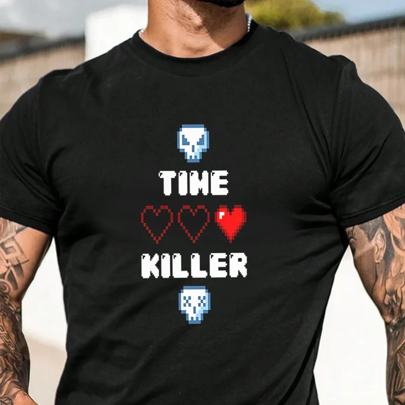 

Men's Graphic Print T-Shirt Time Killer Skull And Heart Fashionable Casual Street Style Travel And Sports Tee