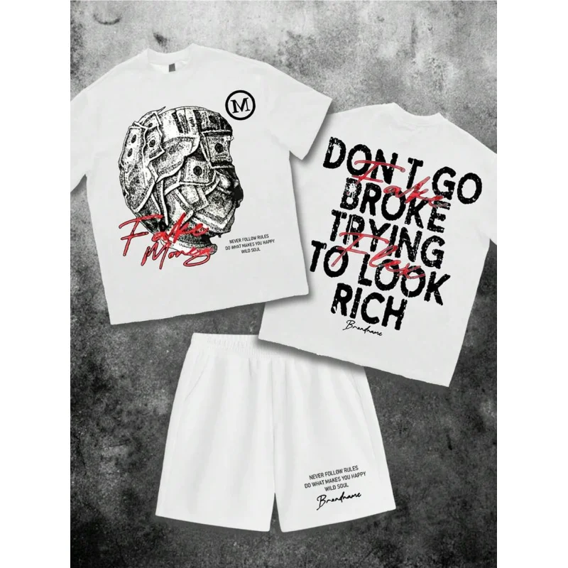 

US Dollar Bill Graphic Front & Back Print Set, Men's Standard Fit White T-Shirt Summer men's two-piece suit - free shipping incl