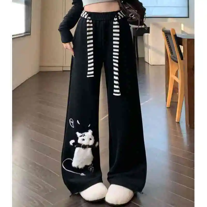 

Big size fat MM American cute cat black casual pants women's summer lazy slough loose wide leg pants