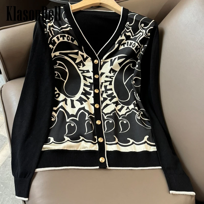 

4.14 KlasonBell Fashion Versatile Black Letter Print Silk Spliced V-Neck Long Sleeve Wool Knit Cardigan For Women