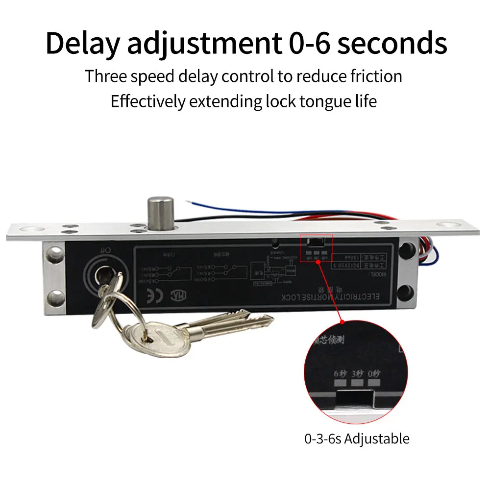 Serrure à 2,2 de chute à intervalles électriques, sécurité contre les pannes, clé mécanique à 2,2 biseauté, relais de temps réglable, contact de porte, 6 directions, DC 12V