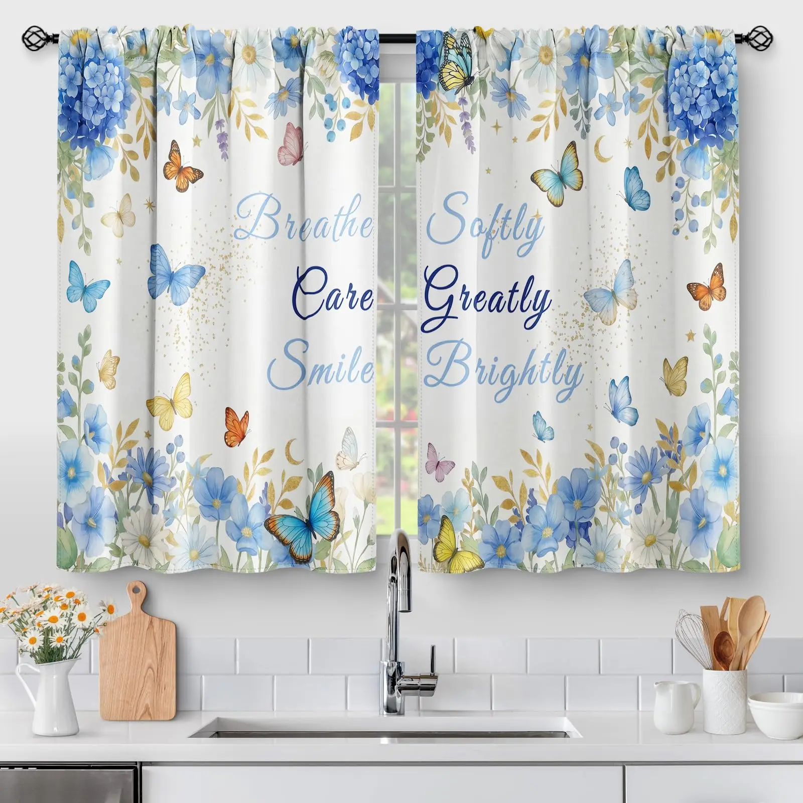 Blue Hydrangea Kitchen Half Curtain Farmhouse Wind Rod Set With Transparent Curtains Home Window Decoration