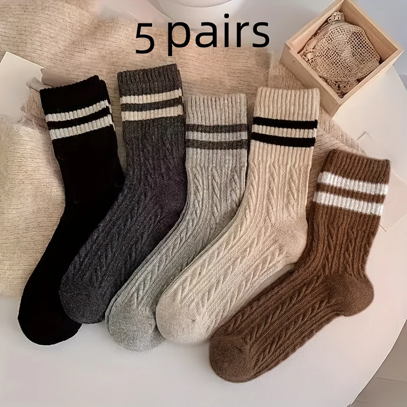 5 pares de calcetines cálidos retro retorcidos, calcetines versátiles a media pantorrilla y calcetines transpirables versátiles a media pantorrilla a rayas simples de dos barras