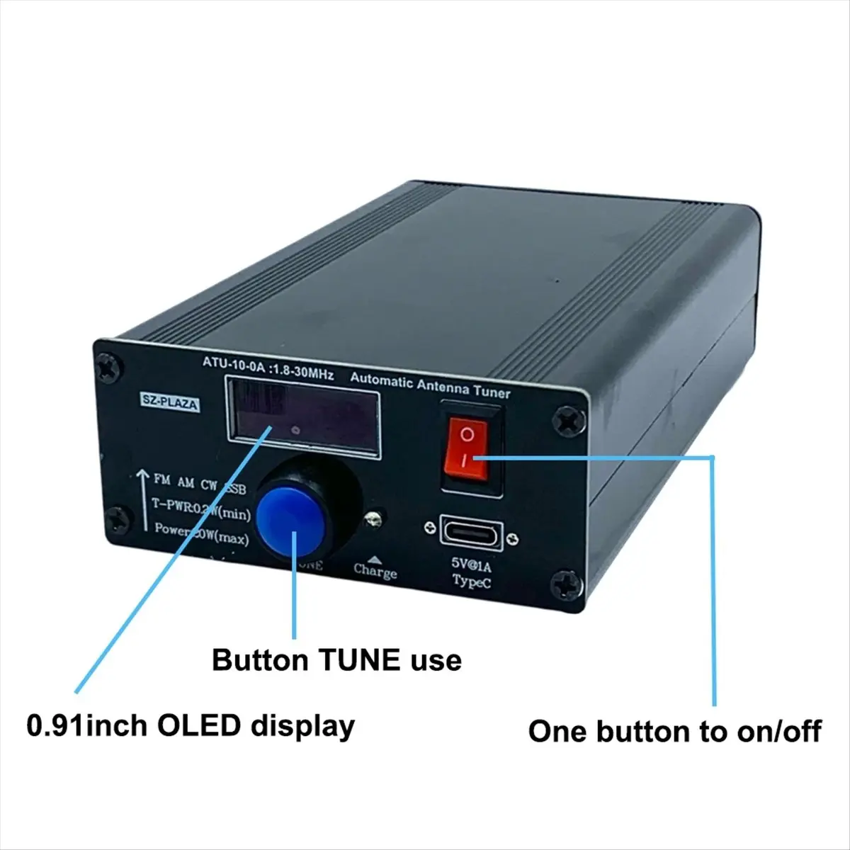 (A23G) ATU-10-0A Shortwave Automatic Antenna Tuner 20W 1.8-30MHz Shortwave Power Meter with Type-C Cable Signal Receiving Parts