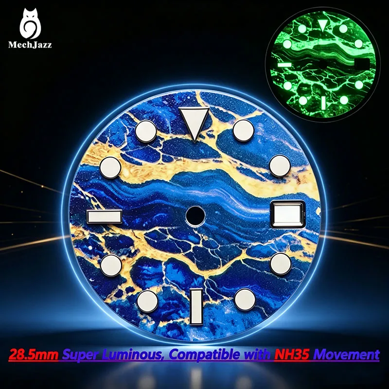 MechJazz 28.5mm Marble Texture Watch Dial, Super Luminous Dial, Date Window, Fits NH35, NH36 Movement, Watch Modification Parts