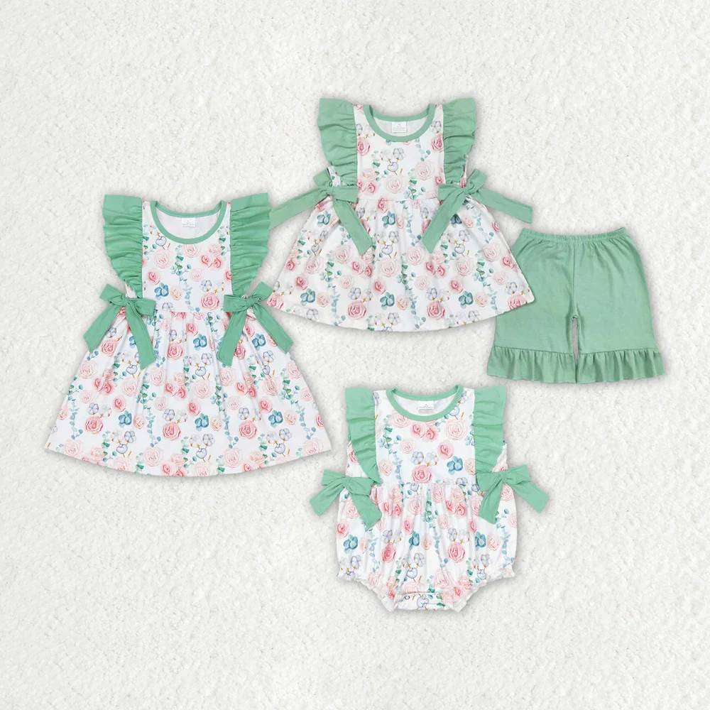 

GSSO1004 Wholesale Summer matching baby rompers kids clothes girl floral flying sleeve shorts sets Boutique baby girl clothes