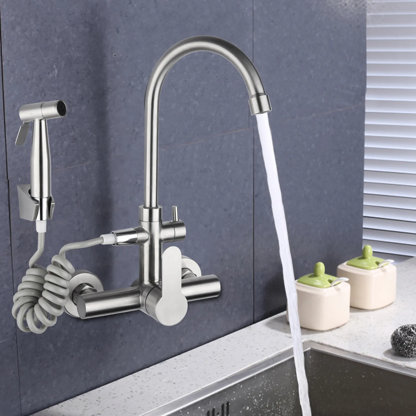 

Commercial Sink Faucet Wall Mount 360 ° Rotation Kitchen Faucet Stainless Steel Us